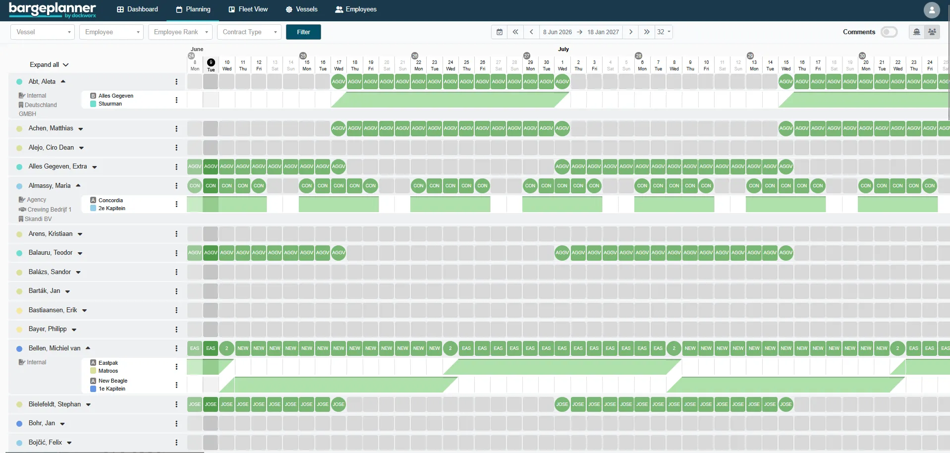 Planning per schip en medewerker