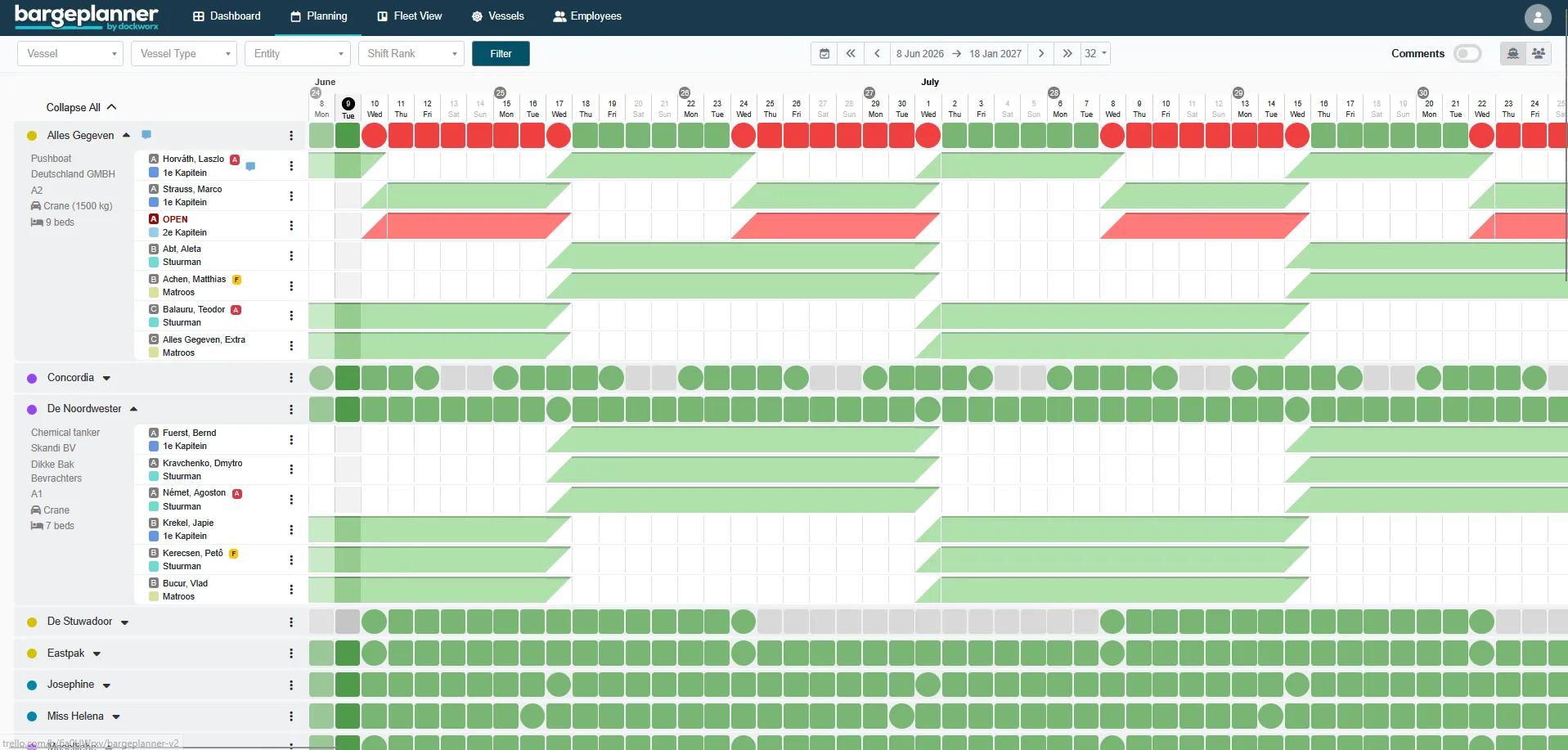 Bargeplanner planningoverzicht